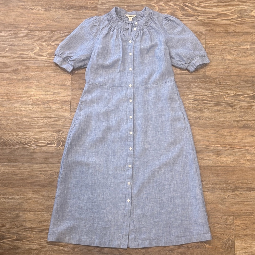 Boden Light Blue Linen Button-Front Midi Dress - Picture 2 of 15